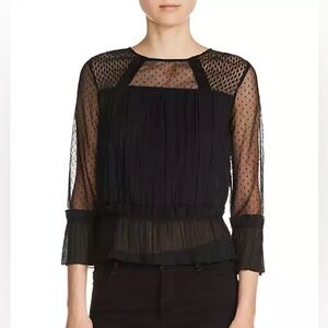 Maje Black Lannick Mixed Media Lace Polka Dot Top Long Sleeve Blouse